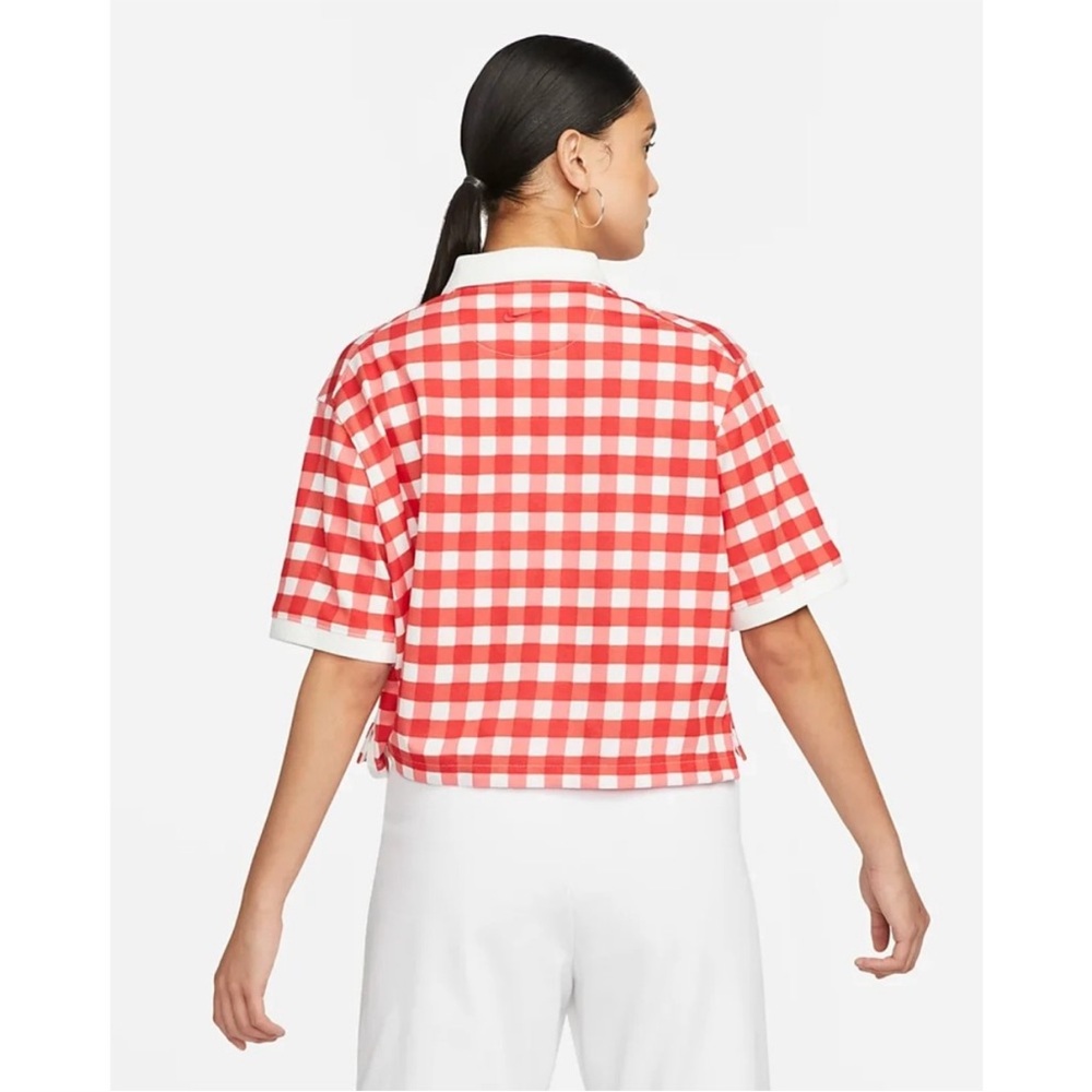 The Nike Polo Golf Dri-Fit Red White Plaid Loose Fit Cropped Polo Shirt Top L - Picture 2 of 14
